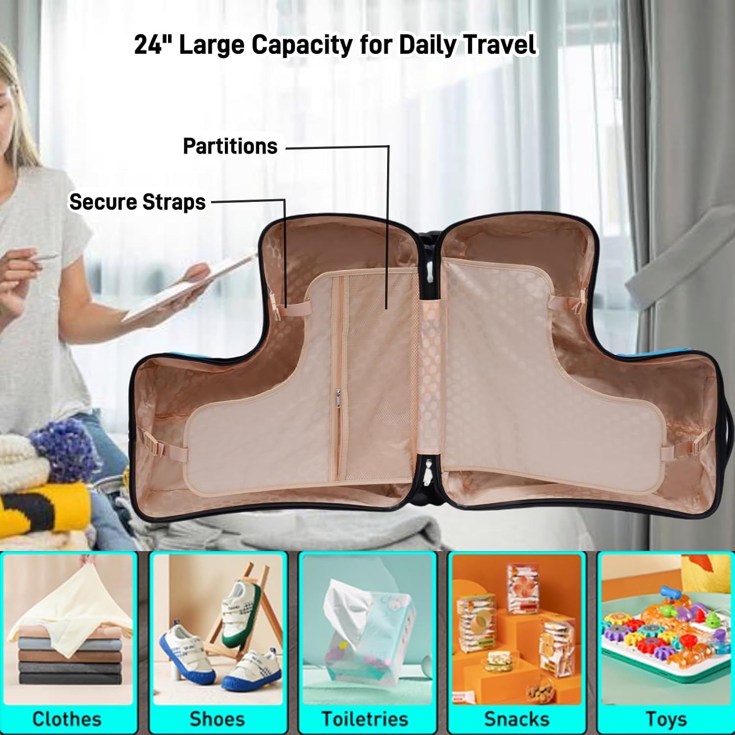 Kids Ride-on Luggage, 24' Carry-on Suitcase with Universal Wheels Trolley Luggage with Password Lock Unisex Riding Luggage for Travel (24', With Leather Cushion,Blue)