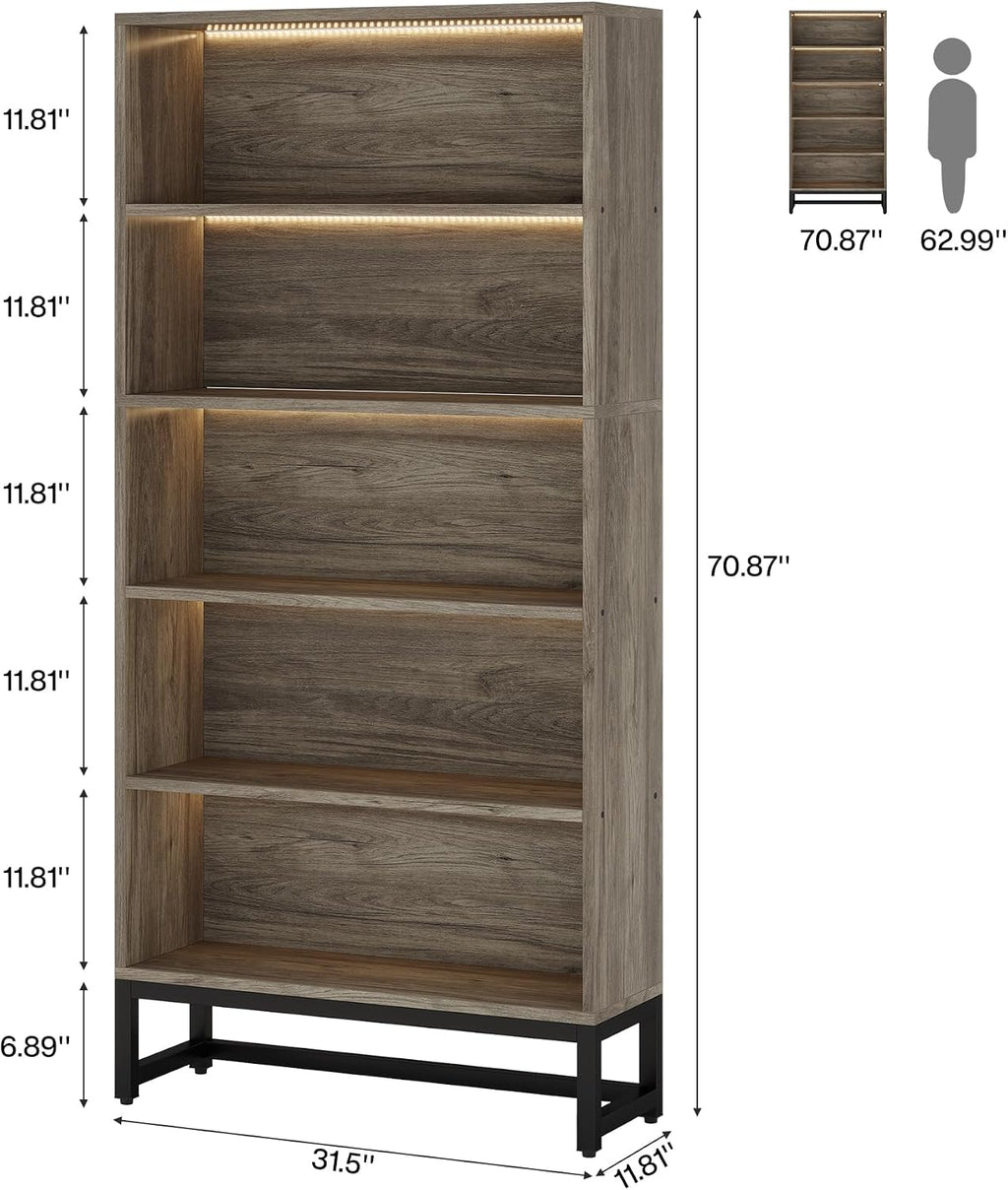 Tribesigns Tall Bookcase Bookshelf, 70.8' Large Bookcases Organizer with LED Lights, Heavy Duty Free-Standing Library Bookshelf with 5-Tier Storage Shelves for Living Room, Bedroom (Gray)