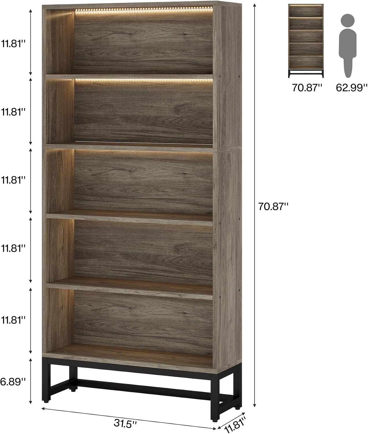 Tribesigns Tall Bookcase Bookshelf, 70.8' Large Bookcases Organizer with LED Lights, Heavy Duty Free-Standing Library Bookshelf with 5-Tier Storage Shelves for Living Room, Bedroom (Gray)