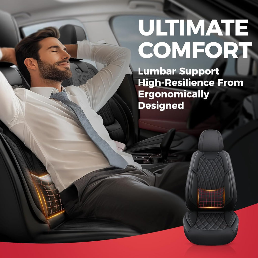 FREESOO Car Seat Covers Front Seats - Luxury Breathable Waterproof Faux Leather Car Seat Cover Protectors with Lumbar Support, Universal Fit for Most 5 Seats Vehicles Sedans Hatchbacks Pick-ups, Black