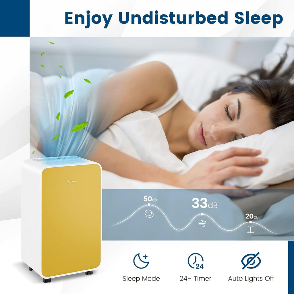 COSTWAY 2500 Sq. Ft Dehumidifier for Basement, 32 Pints Portable Quiet Dehumidifier for Bedroom Bathroom with Sleep Mode, 24H Timer, Auto Shut Off, Auto Defrost & Drain Hose (Yellow)