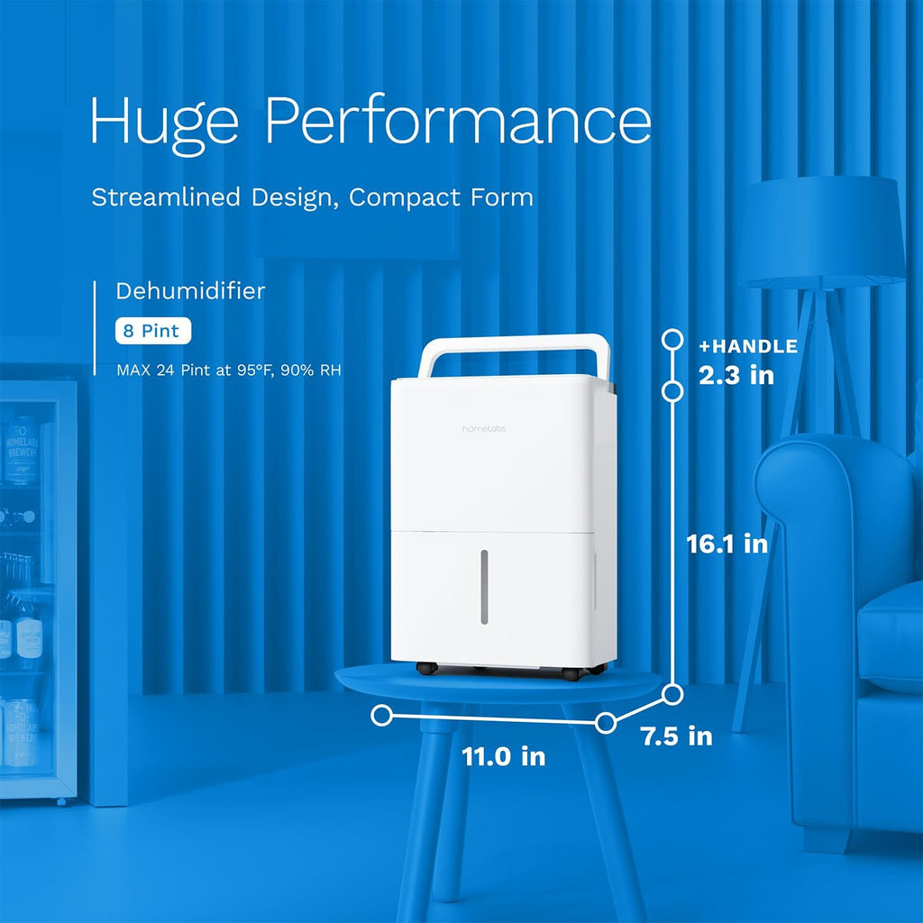 hOmeLabs Dehumidifier 1,800 Sq Ft Wi-Fi (8 Pint MAX 24 Pint at 95°F, 90% RH) for Advanced Humidity & Moisture Control, Quiet, Efficient, Auto Shut-off, Ideal for Home, Basement, Office