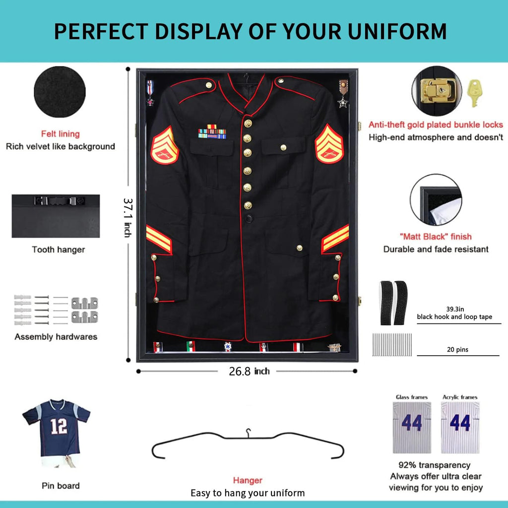 KCRasan Military Uniform Display Case - Police Uniform Display Frame - Uniform Shadow Box Wall Cabinet with Uv Protection Acrylic Door for Collection Military Uniform Black