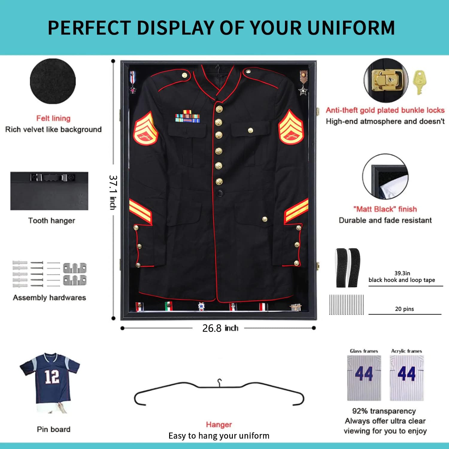 KCRasan Military Uniform Display Case - Police Uniform Display Frame - Uniform Shadow Box Wall Cabinet with Uv Protection Acrylic Door for Collection Military Uniform Black