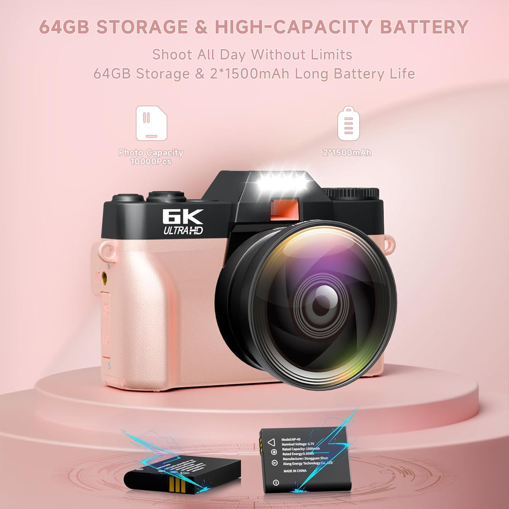 6K Digital Camera for Photography Autofocus, 64MP WiFi Vlogging Camera for YouTube with 3' 180° Flip Screen 16X Zoom, 64GB SD Card & 2 Batteries Pink Compact Travel Camera for Beginners Teens