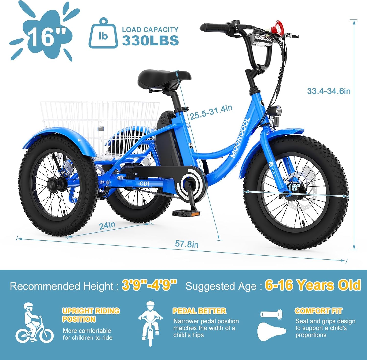 16 Inch Kids Electric Tricycle, 250W 24V Fat Tire Electric Trike, 3 Wheels Electric Bike Cruiser Bicycle, Aluminum Frame Motored Trike with Adjustable Seat and Removable Battery, Blue