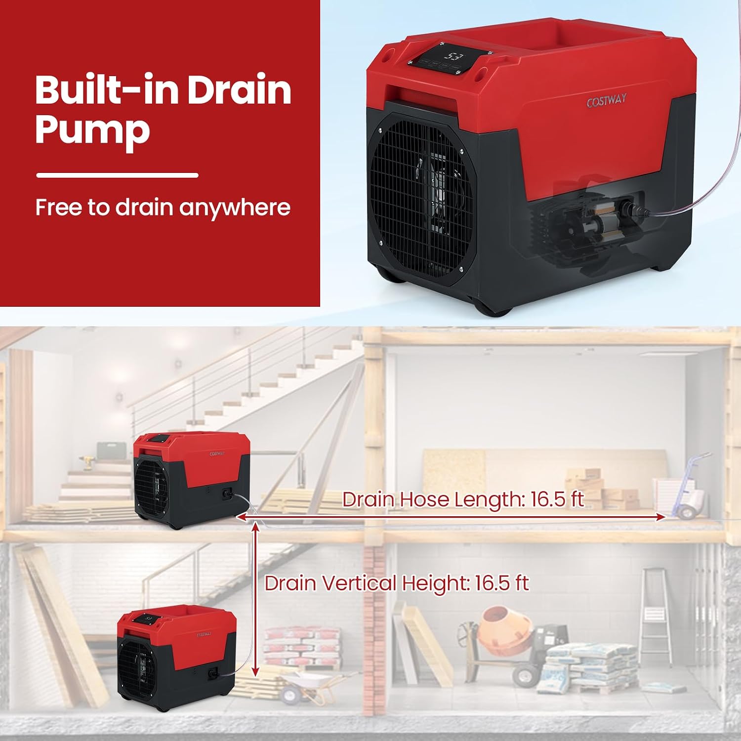 COSTWAY 140 Pints Commercial Dehumidifier with Pump, Portable Industrial Dehumidifier with Drain Hose for Basements, Job Sites, Water Damage Restoration, Large Spaces up to 1800 Sq.Ft (Red)