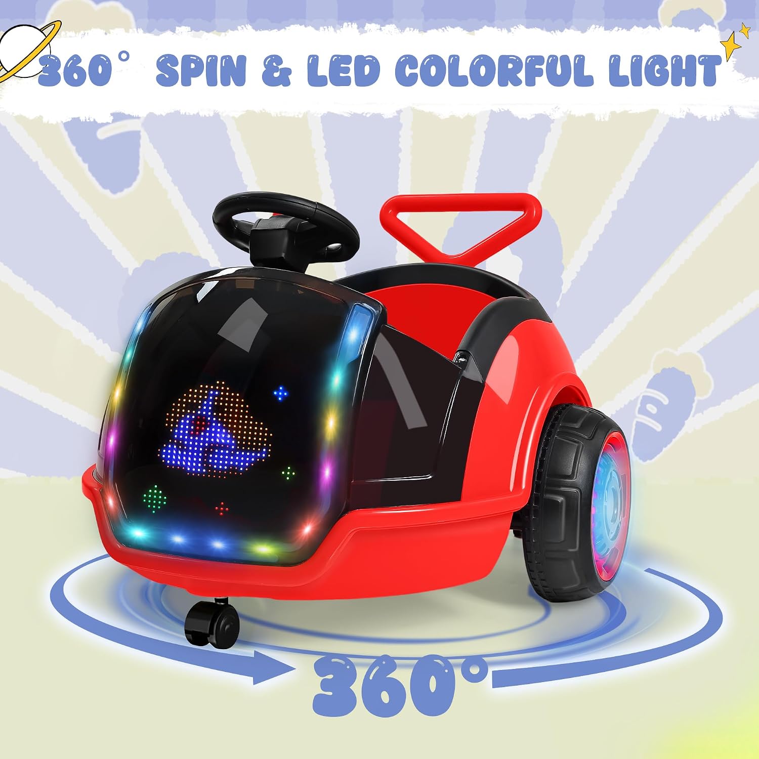 ANPABO 3-in-1 Electric Push Ride On Car, 12V Kids Ride On Toy w/Remote Control, 360° Spin, LED Display, 5-Point Safety Belt, Colorful LED Light, Music Player, Push Car for Toddler Ages 1-3 (Red)