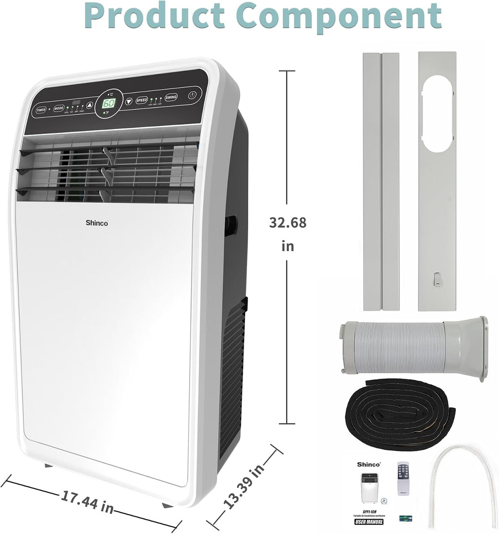 Shinco 10,000 BTU Portable Air Conditioner with Heater up to 400 Sq. Ft, Ac Heater Combo Window Unit, Portable AC Unit with Dehumidifier & Fan, Cools & Heats,Remote Control and Window Kit