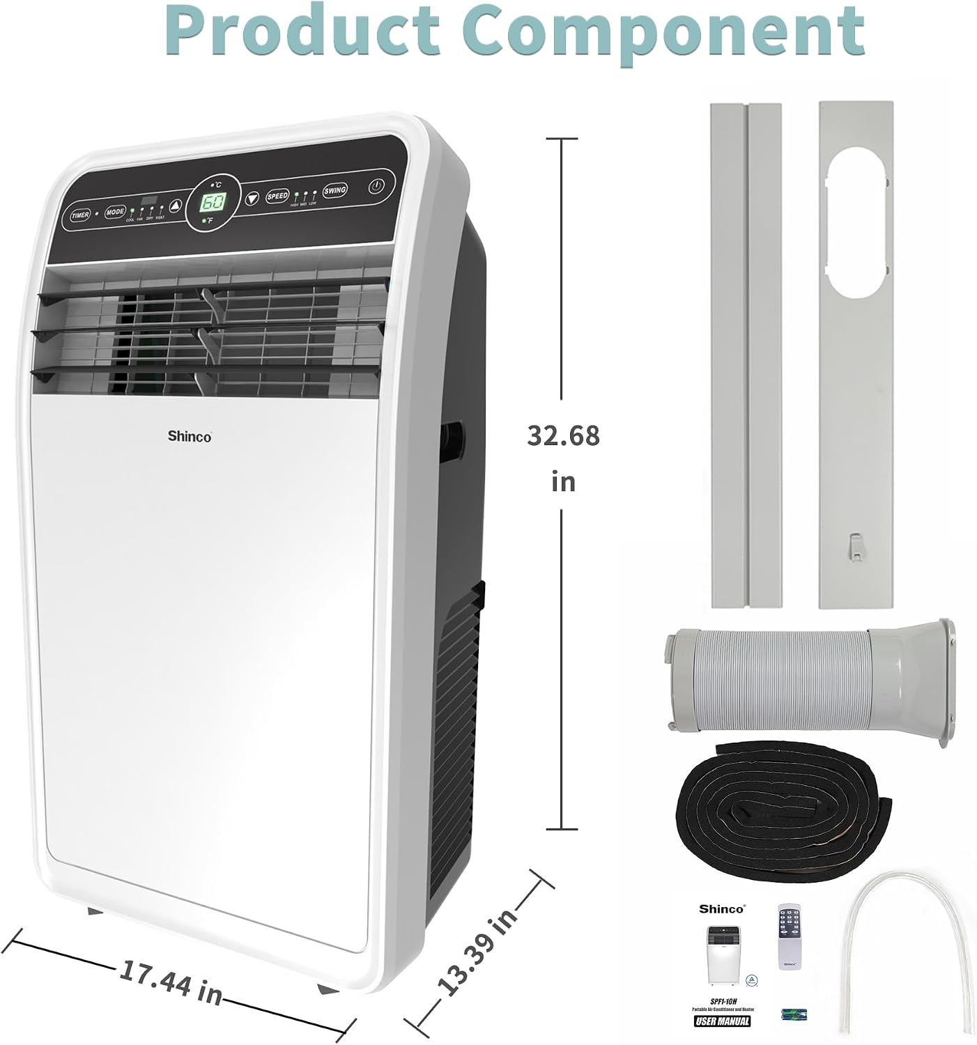 Shinco 10,000 BTU Portable Air Conditioner with Heater up to 400 Sq. Ft, Ac Heater Combo Window Unit, Portable AC Unit with Dehumidifier & Fan, Cools & Heats,Remote Control and Window Kit