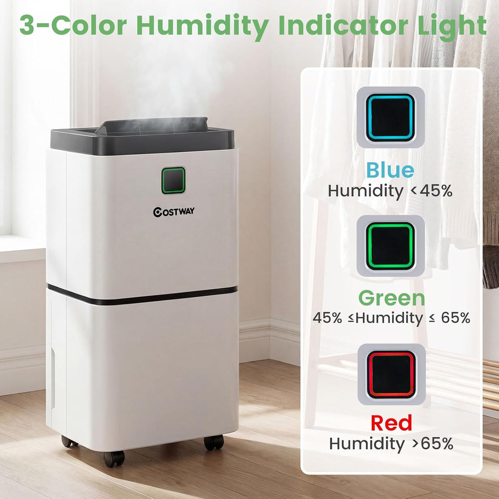 COSTWAY Dehumidifier for Large Room & Basements, 1500 Sq. Ft Portable 30 Pints Dehumidifier with 3 Color LED Light, 3 Modes, 2 Speeds, 12H Timer, Auto or Manual Drainage