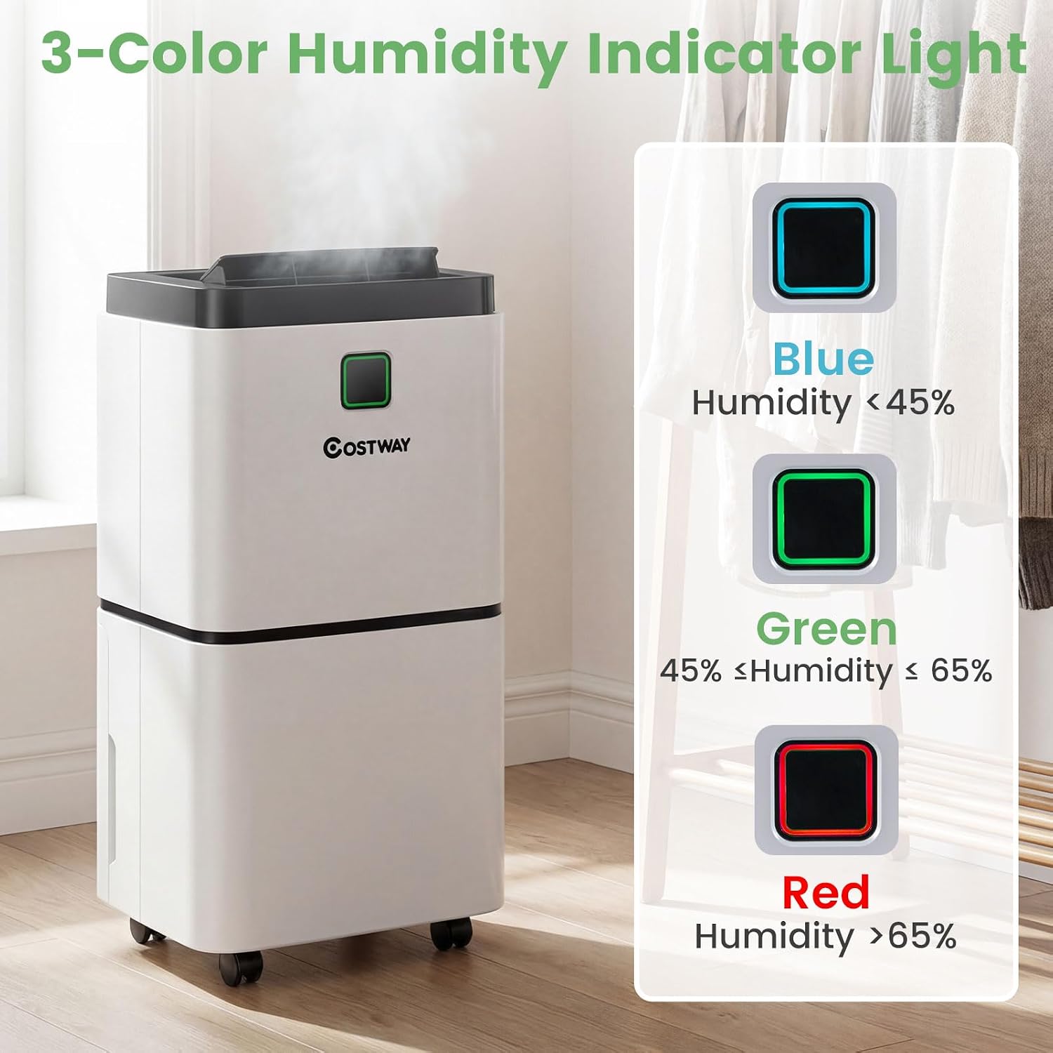 COSTWAY Dehumidifier for Large Room & Basements, 1500 Sq. Ft Portable 30 Pints Dehumidifier with 3 Color LED Light, 3 Modes, 2 Speeds, 12H Timer, Auto or Manual Drainage