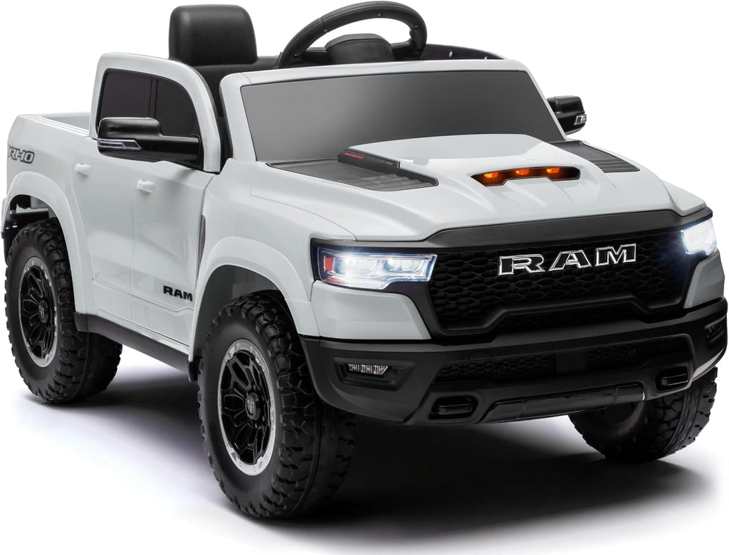 ENYOPRO 12V Licensed Ram 1500 RHO Ride on Toys for Kids, Toddlers Ride on Car w/Remote Control, Kids Electric Car w/4-Wheel Suspension, Soft Start, LED Lights, BT/USB/AUX, Truck Bed Storage, White