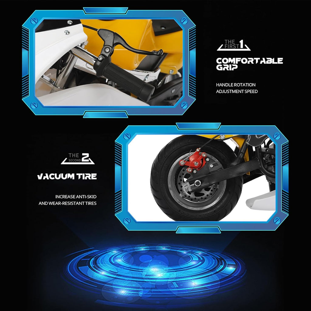 49cc 2 Stroke Dirt Bike for Kids & Youth,Mini Motorcycle Motorbike Beach Off Road Vehicles, Dual Headlights, Up to 20Mph, Weight Support Up to 170LBS, 20 Miles Range (Yellow)