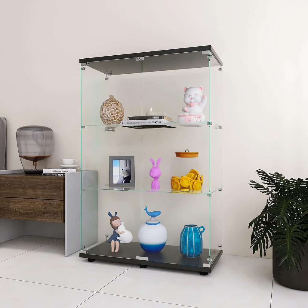 LFT HUIMEI2Y Glass Display Cabinet 3-Shelf with Double Door, Curio Cabinets Fast Installation in 30 Mins, 5mm Tempered Glass Floor Standing Bookshelf for Bedroom, Living Room 49.1'x 31.7'x 14.4' Black