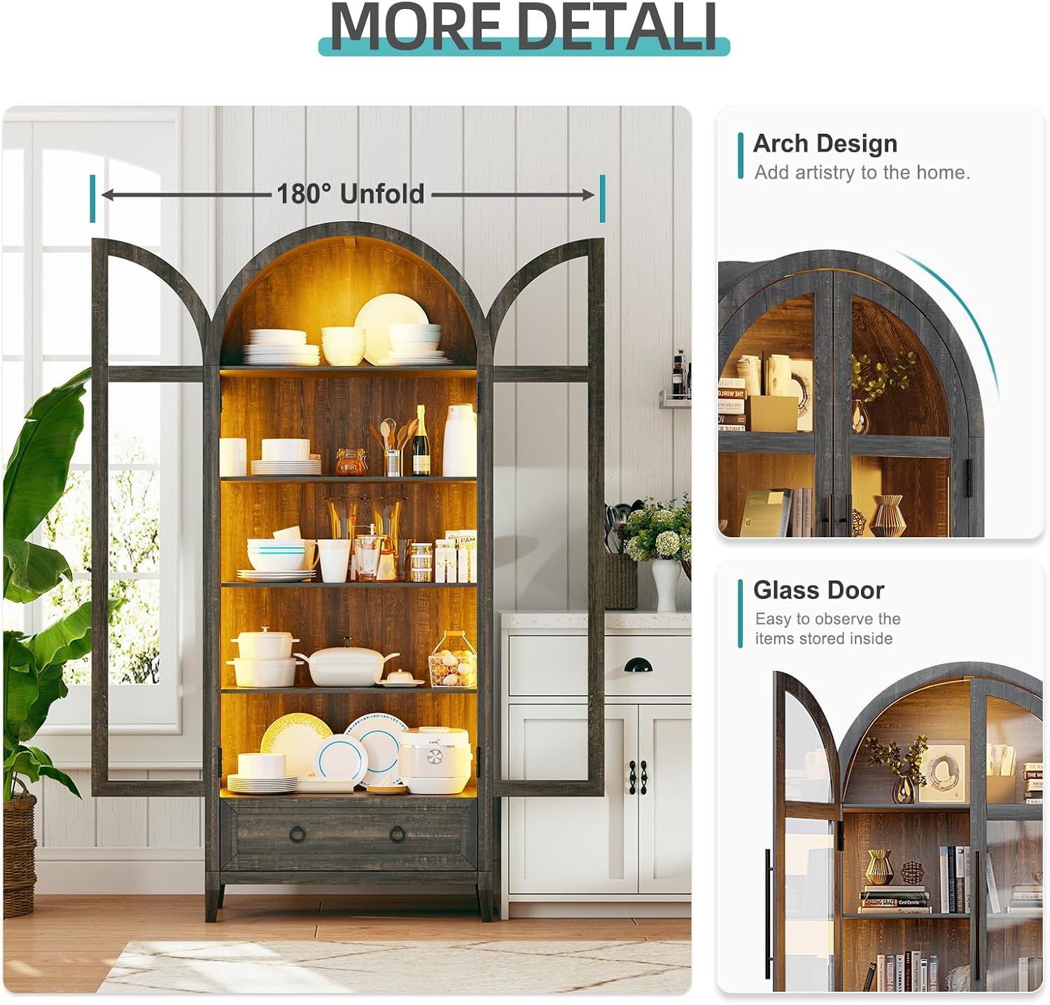 Lvifur 73' Tall Arched Display Cabinet with Glass Doors,4-Tier Storage Cabinet with Human Body Sensor,LED Curio Cabinets with 3 Color Lights for Collectibles,Ajustable Shelf for Toys, Books,Brown
