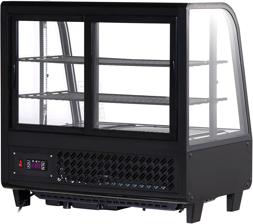 VEVOR 3.5 Cu.Ft Countertop Pastry Case ETL NSF DOE Certified Commercial Display Refrigerator with LED Lighting, Turbo, Frost-Free Air-Cooling, Rear Sliding Door, Curved, Black