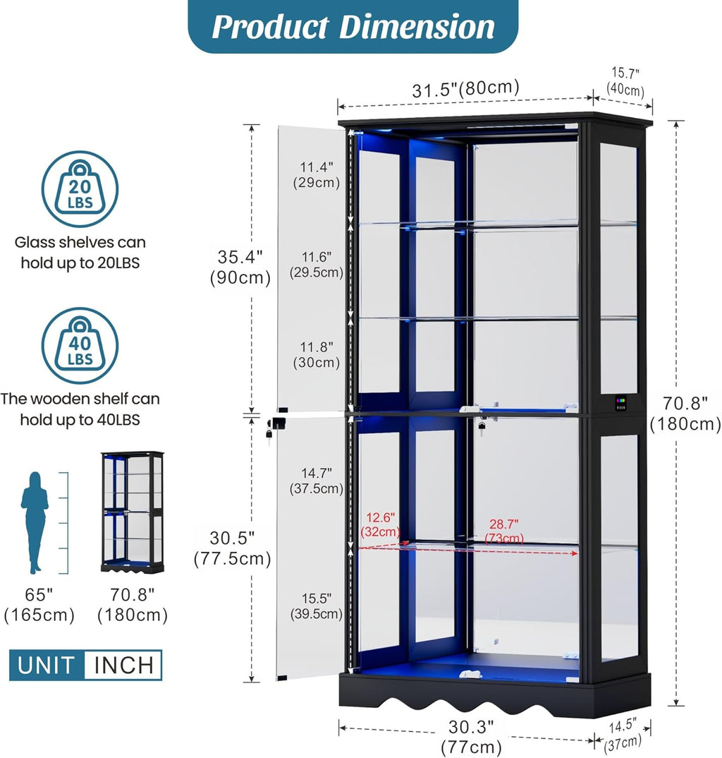 Dystler Display Cabinet with Glass Doors, 71'' Tall Curio Cabinet with RGB Lights for Collectibles, LED Display Case with Removable Shelf for Book/Medal/Figure, Black