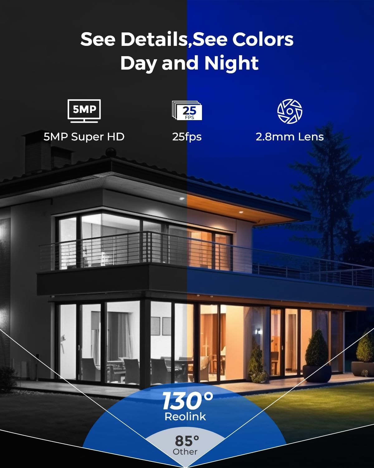 Reolink 5MP 8CH Home Security Camera System, 4pcs 5MP IK10 Vandalproof PoE Cams Wired Outdoor, 130° Ultra Wide Angle, Color Night Vision, Smart AI Detection, 2-Way Talk, 8CH NVR 2TB HDD, RLK8-500V4