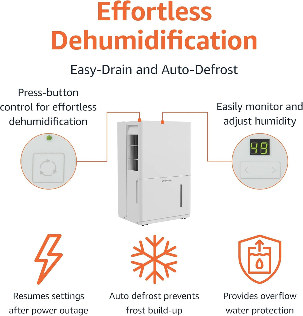 Amazon Basics 50-Pint Large Dehumidifier with Pump, Energy Star Certified, Humidity Control, Auto-Defrost, Timer, Overflow Protection for Rooms up to 4000 SFT, White