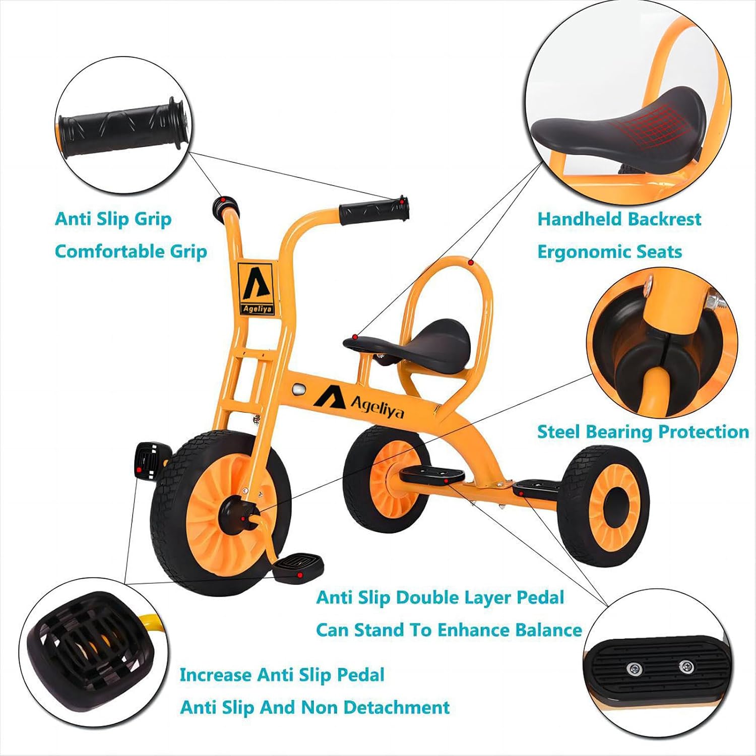 Kids Tricycle for Preschool Ages 3+, Ideal Outdoor Playground & Daycare Yard Trike, Durable Metal Pedal Trike, Sturdy Carbon Steel Frame, Solid Rubber Wheels, for Boys and Girls