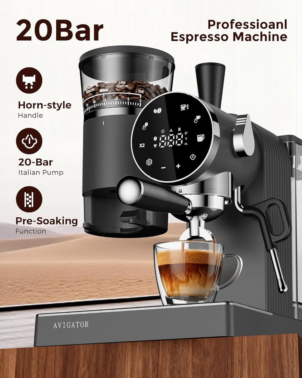 20 Bar Espresso Machine | LED Screen Touch Control | 6 Level Adjustable Grinder | Drip Coffee & Cold Brew, Milk Frother, Assisted Tamper & Built-In Accessory Storage Box | 50oz Tank