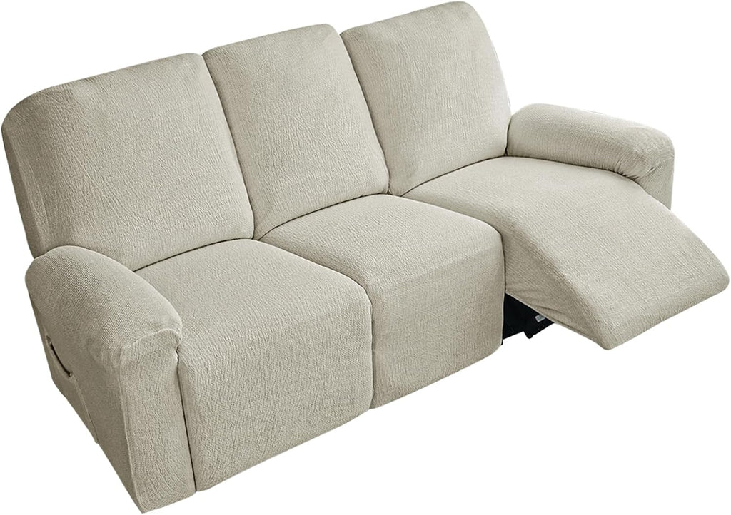 vctops 8 Pieces Cotton Linen Recliner Sofa Covers Rustic Stretch Soft 3 Seats Couch Cover Anti-Slip Sofa Slipcover Furniture Protector with Elastic Bottom for Kids Pet (Beige Grey,3 Seat)