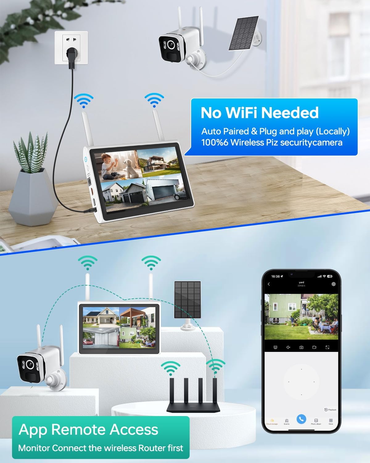 4MP Solar Powered Security Camera Outdoor Wireless System with 10' Monitor, 5G/2.4G WiFi 4PCS Outdoor Battery Camera with Solar Panel10CH Home Security System AI Human Detection 2-Way Audio