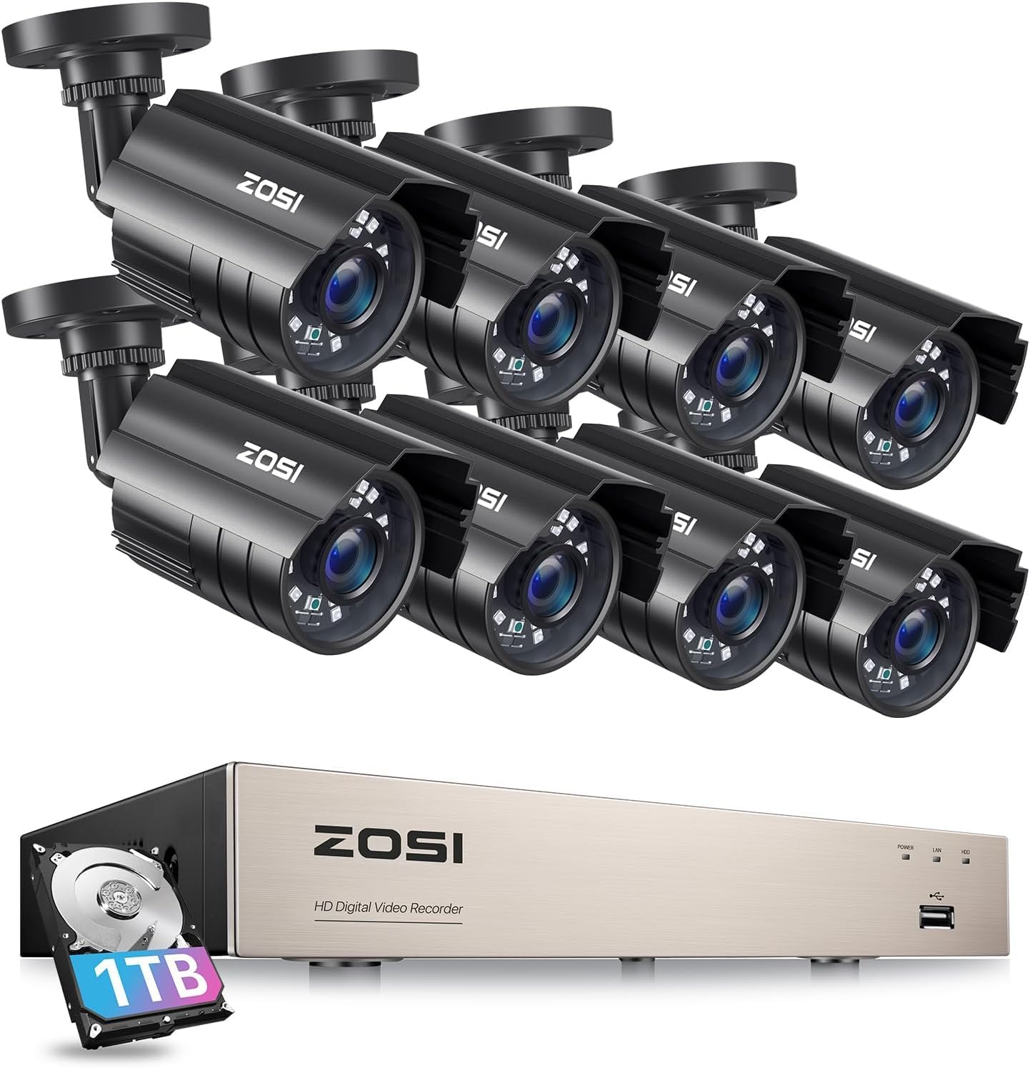 ZOSI 3K Lite 8CH Security Camera System with AI Human/Vehicle Detection, 8pcs 1920TVL 1080p Night Vision Outdoor Indoor Metal Cameras, H.265+ 8Channel DVR with 1TB Hard Drive for Home 24/7 Recording