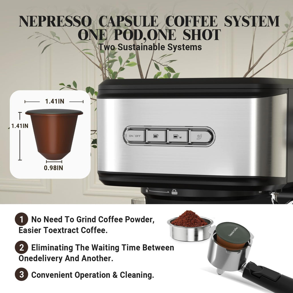 Espresso Machine 20 Bar, 2 in 1 Espresso Maker with Milk Frother Steam Wand for Latte and Cappuccino, Powder and Capsule Portafilter, 50oz Removable Water Tank expresso Coffee Machine for Home-Silver