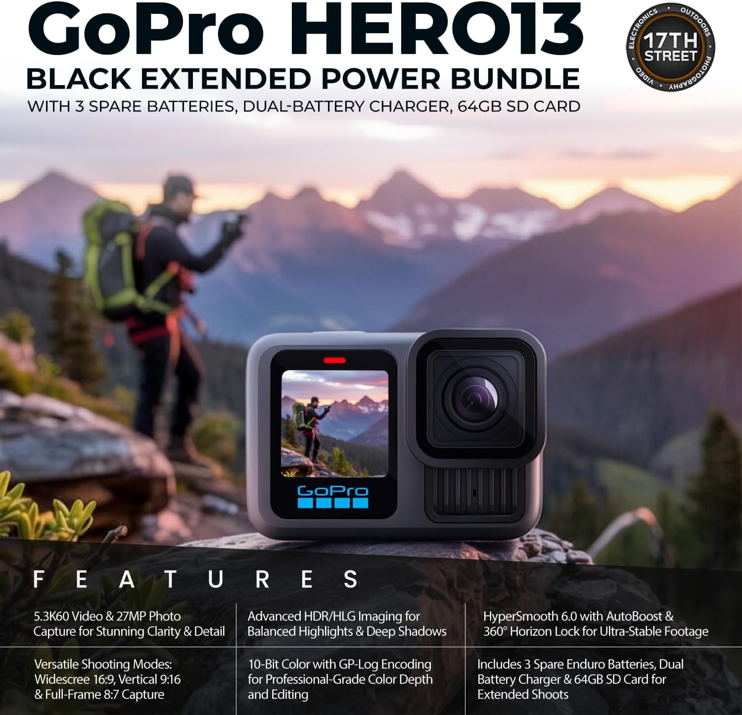 GoPro HERO13 Black Camera | Waterproof 5.3K60 Video Action Camera with 3 Spare Enduro Batteries, Dual-Battery Charger, 64GB Extreme SD Card, Case, and 50-in-1 Camera Accessory Kit - Bundle Set