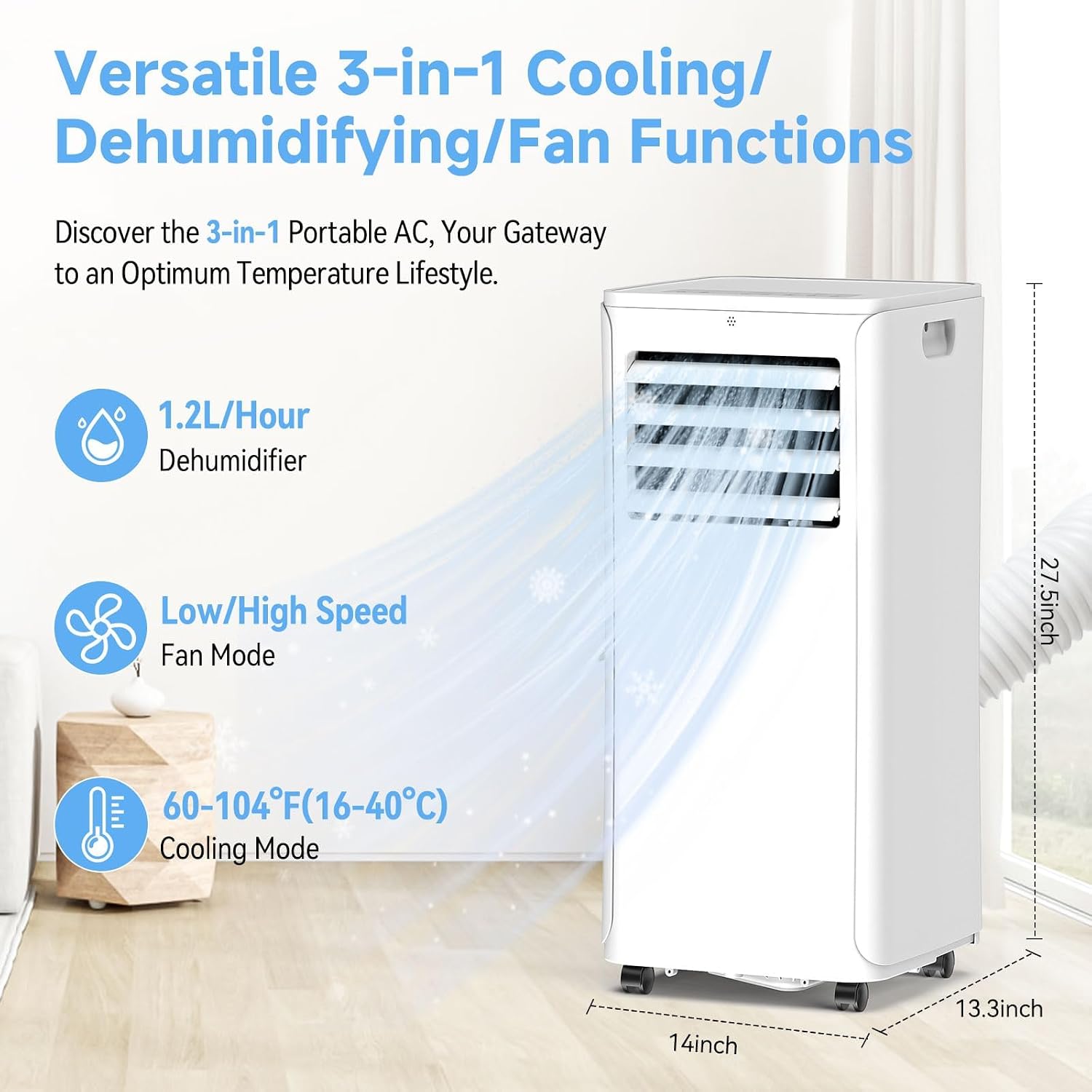 12000 BTU Portable Air Conditioner, 3-in-1 AC Unit with Dehumidifier & Fan Mode, Quiet Operation for Bedroom, Cools up to 550 sq.ft, 24-Hour Timer, Remote & Window Installation Kit Included