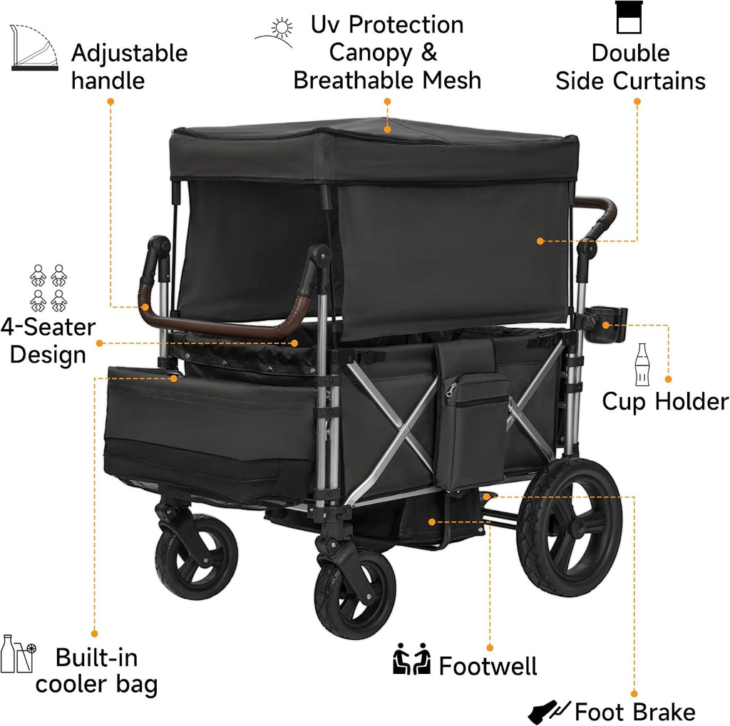 Stroller Wagon 4 Seater, Folding Push Wagon for 4 Kids, Collapsible with 5-Point Safety Belt and Canopy, Adjustable Handle, All-Terrain Mobility