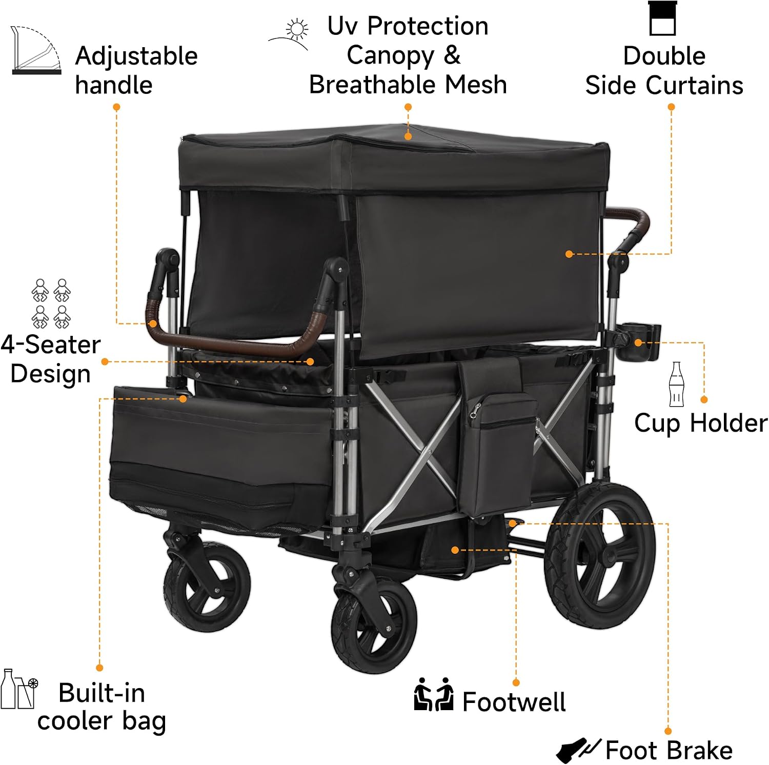 Stroller Wagon 4 Seater, Folding Push Wagon for 4 Kids, Collapsible with 5-Point Safety Belt and Canopy, Adjustable Handle, All-Terrain Mobility