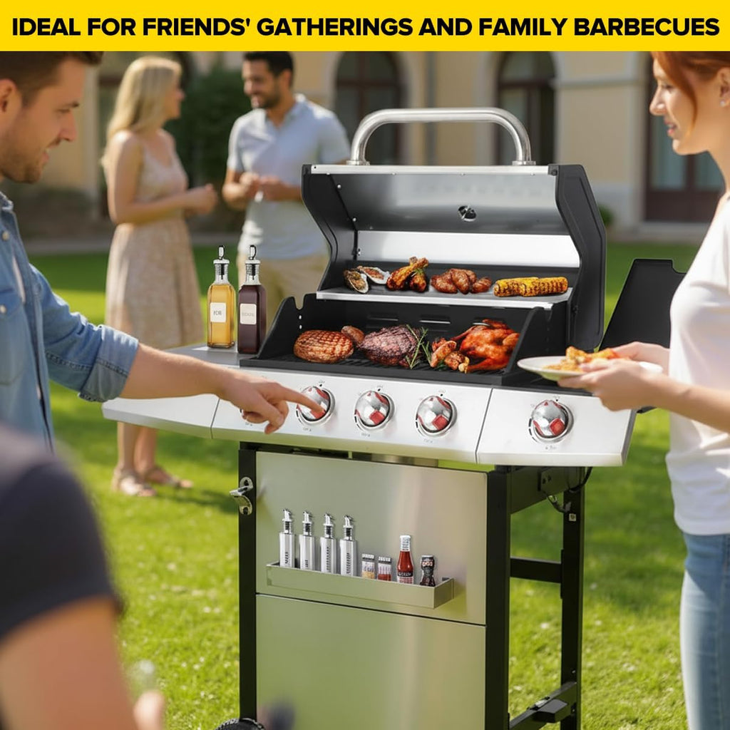 CIG GARDEN Dual Fuel Grill Combo, Propane & Charcoal BBQ with 52,000 BTU, 2 Side Shelves, Cast Iron Grid & Griddle Plate, Outdoor Grill for Patio, Backyard, Garden, Silver & Black