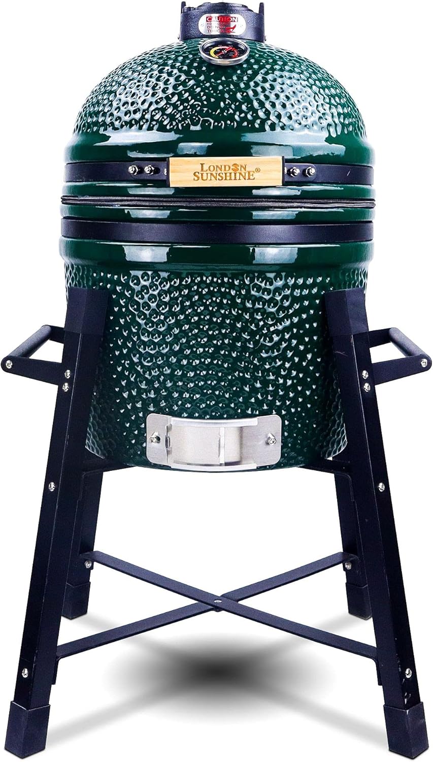 London Sunshine Ceramic Kamado Charcoal BBQ Grill and Smoker, Stainless Steel Grates -15' Ceramic with Tall Stand (GREEN)