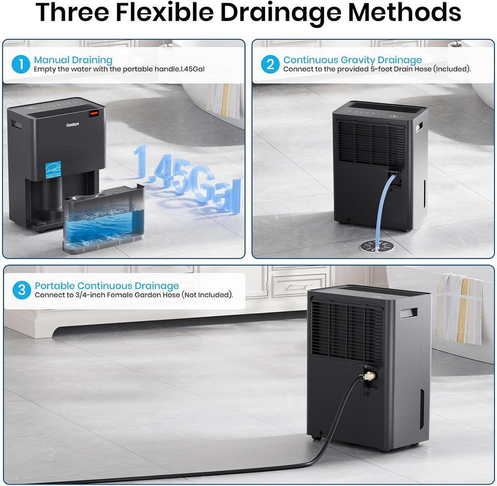 Gasbye 4500 Sq.Ft. 2026 Energy Star Dehumidifier for Basement with Drain Hose, Max 75 Pints/D Dehumidifier for Large Room, [43dB Quiet Compressor], Easy Drainage, Auto-restart, Black