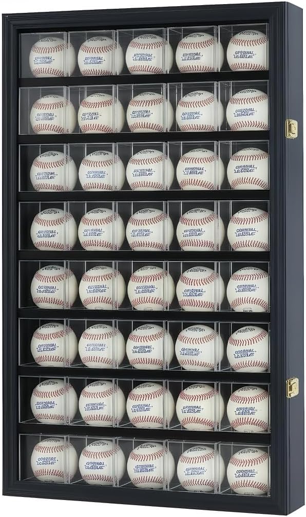 40 Hockey Puck Display Case Cabinet Holder Rack Baseball Display Case Baseball Cubes Showcase Cabinet with UV Protection Door Lockable, Black Finish Frame
