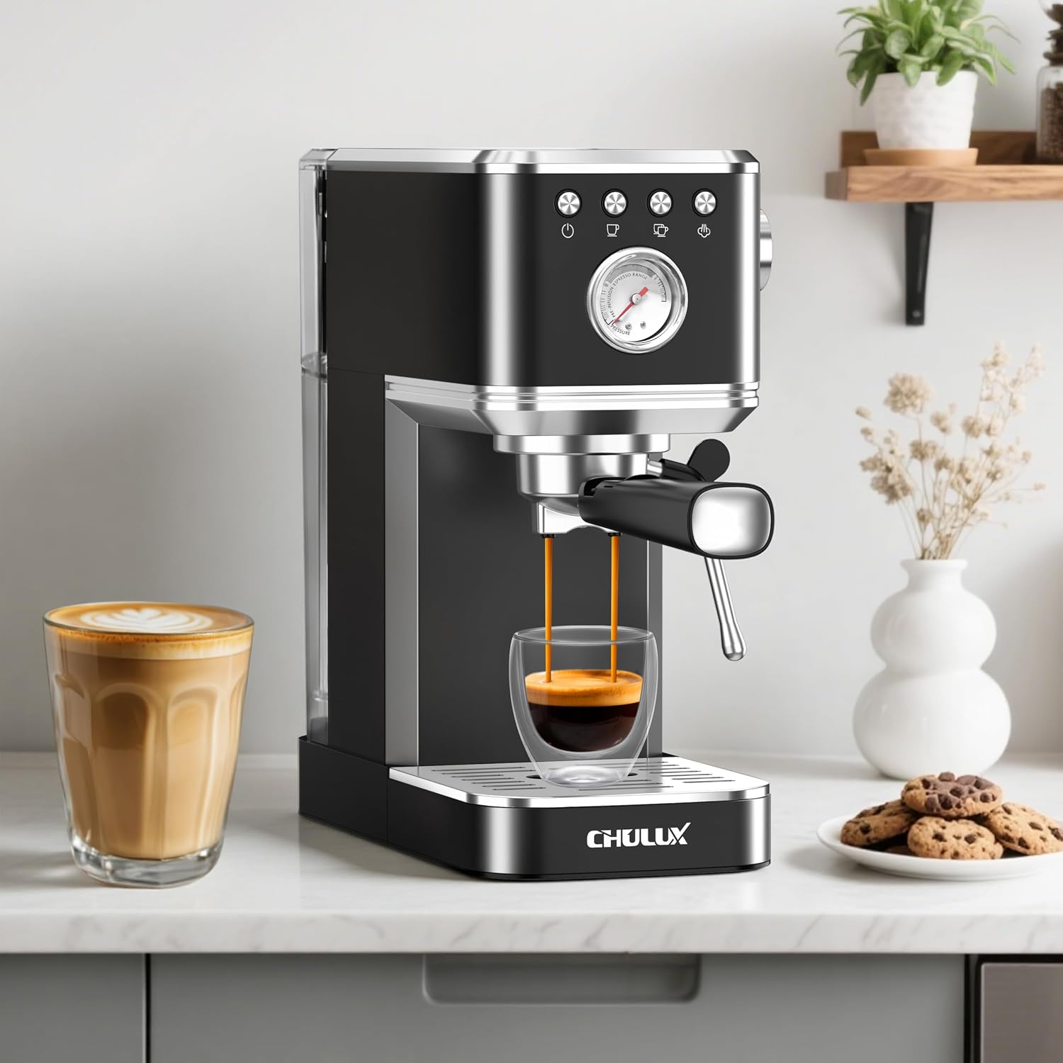 CHULUX Slim Espresso Machine with Milk Frother, 20 Bar Professional Italian Pump Espresso Coffee Machine for Home Cappuccino & Latte Maker, Stainless Steel, Black