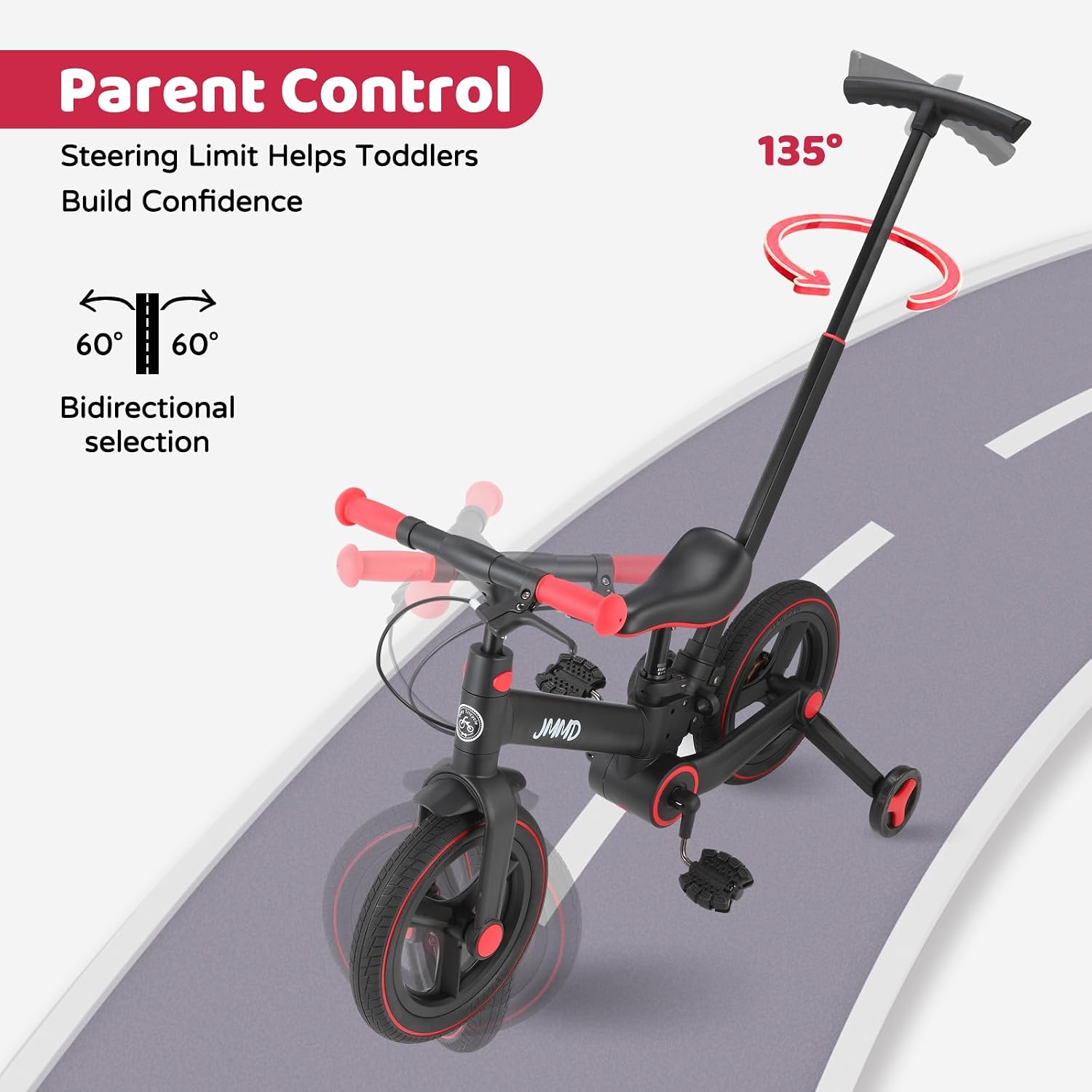 JMMD 6 in 1 Toddler Bike with Push Handle for Kids 18-60 Months, 12' Foldable Balance Bike with Training Wheels, Pedals, Brakes, Kickstand, Push Tricycle Toddler Gift & Toys for Boy & Girl