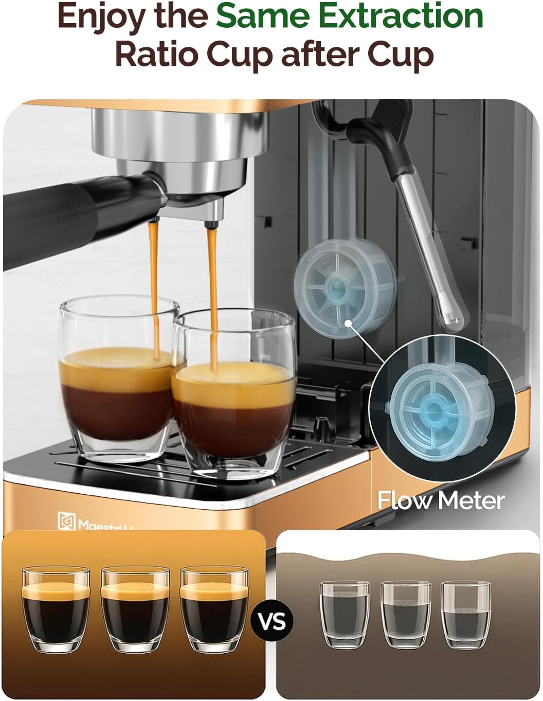 Maestri House Espresso Machines 20 Bar ULKA Pump, Compact Espresso Maker Built-in Flow Meter Steam Milk Frother, 43oz Removable Water Tank Stainless Steel Coffee Machine for Cappuccino (Rose Golden)