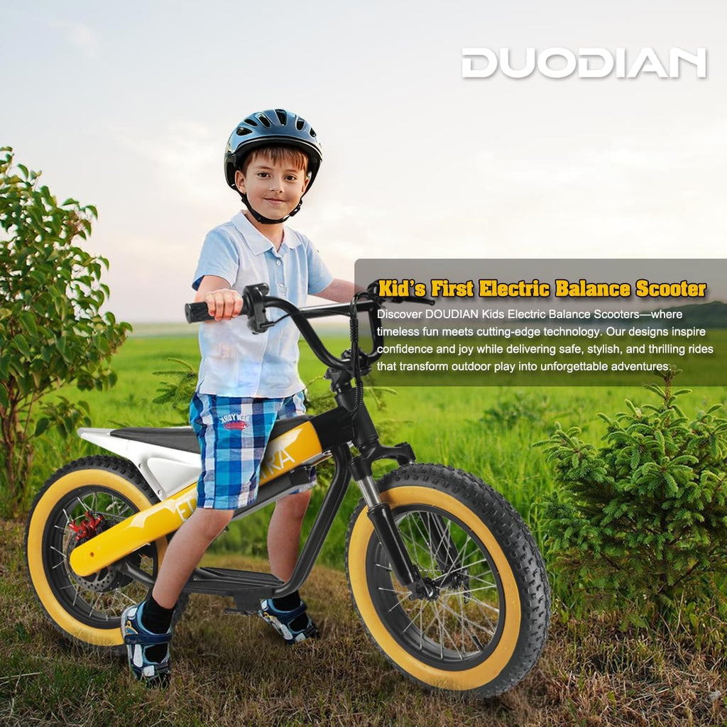 Electric Balance Bike, 750W Motor, 18Miles Long Range & 19Mph, 16' Fat Tire Electric Dirt Bike for Ages 6-11, Front Suspension, Dual Brake Off-Road Electric Motorcycle for Boys Girls (Yellow)