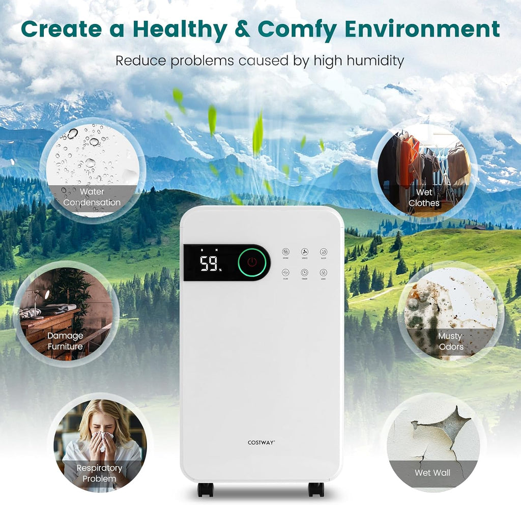 COSTWAY 2,500 Sq. Ft Dehumidifier for Basement, 32 Pints Home Dehumidifier with Wheels, Sleep Mode, 24H Timer, 3-Color LED Indicator Light & Child Safety Lock