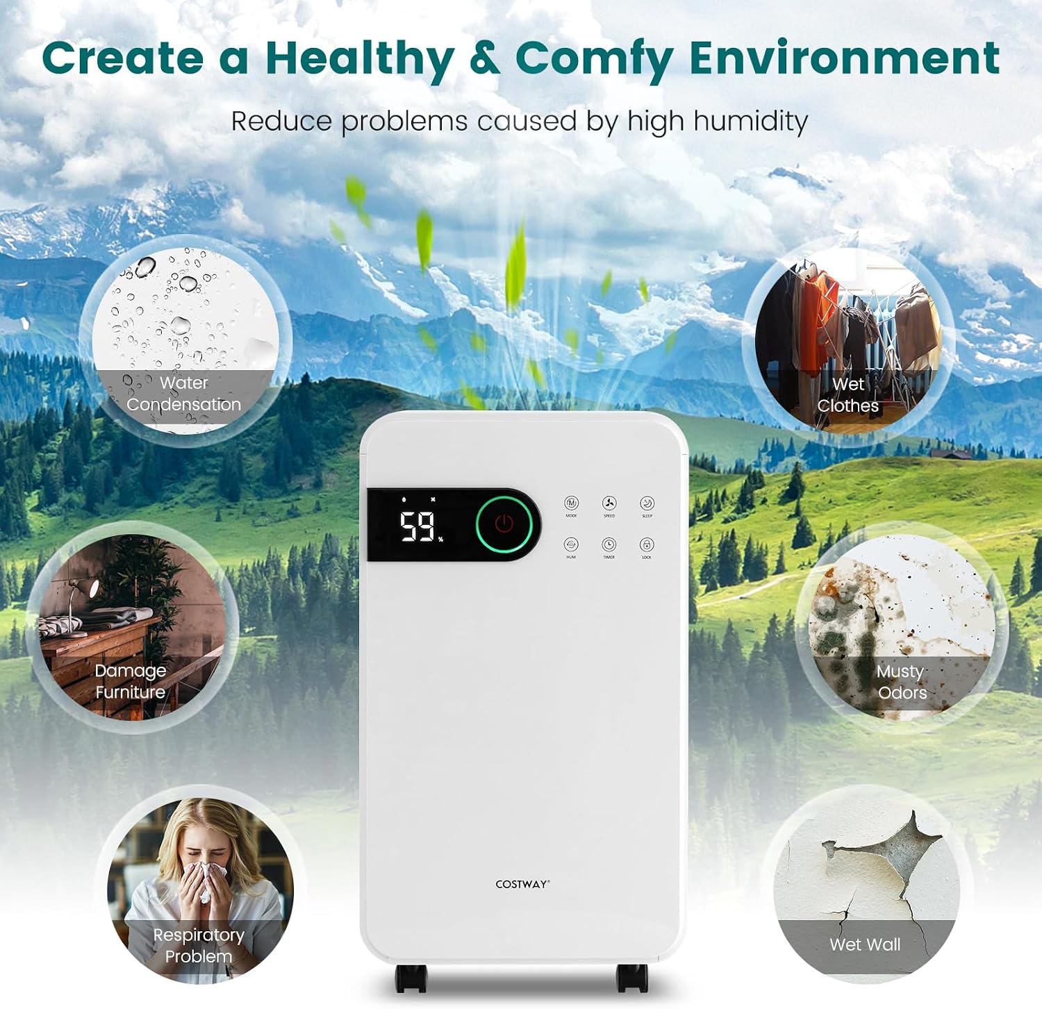 COSTWAY 2,500 Sq. Ft Dehumidifier for Basement, 32 Pints Home Dehumidifier with Wheels, Sleep Mode, 24H Timer, 3-Color LED Indicator Light & Child Safety Lock