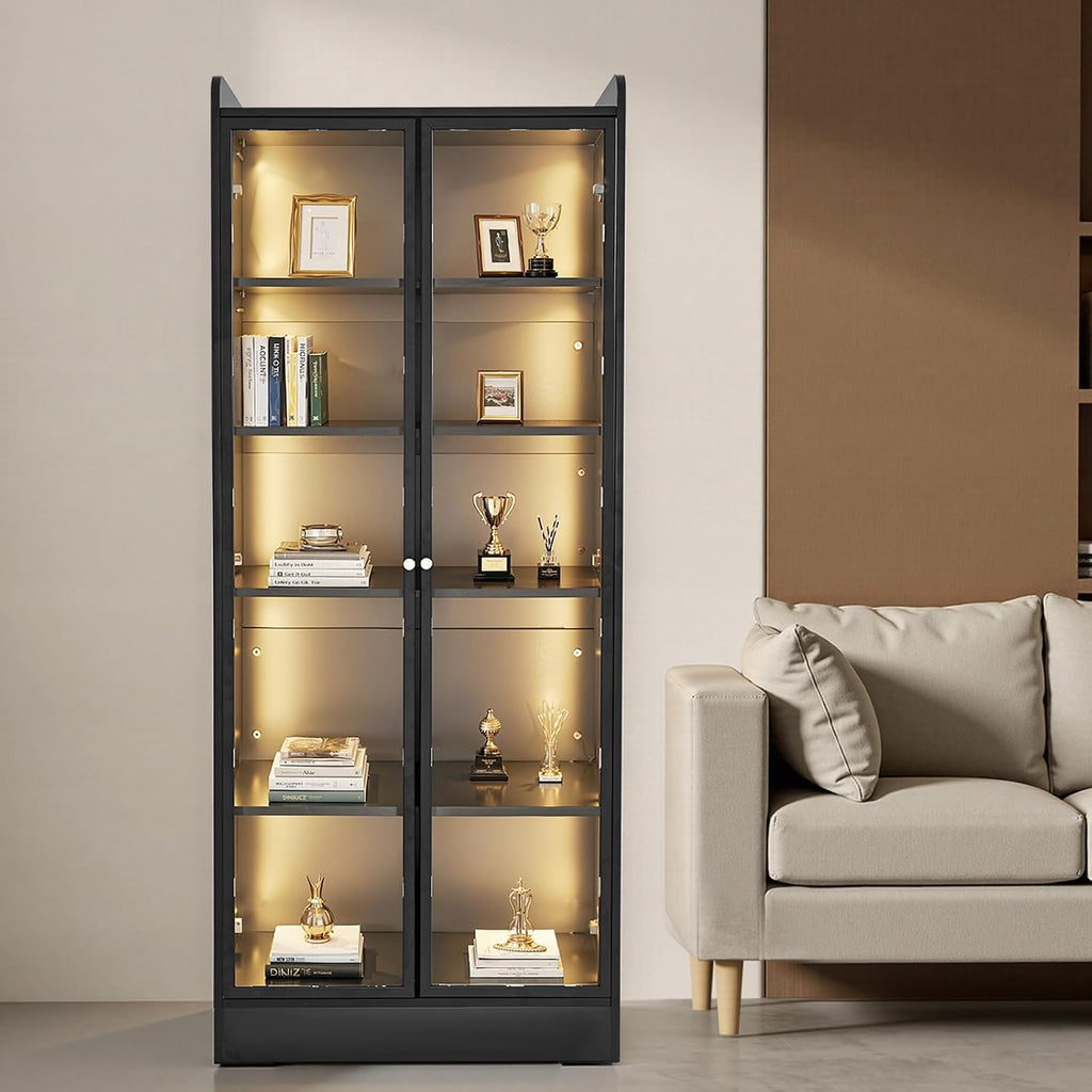 VEVOR Display Cabinet with Doors, 67in Tall Display Case with 2 Adjustable Shelves, 3 LED Lights, 5-Tier Curio Collectibles Storage Cabinet, Bookshelf Bookcase for Pantry Bedroom Living Room Office