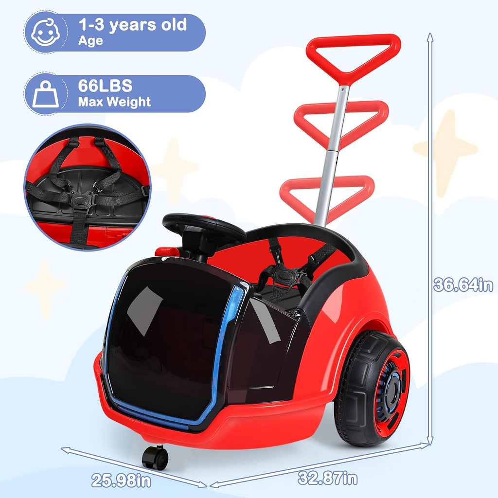 ANPABO 3-in-1 Electric Push Ride On Car, 12V Kids Ride On Toy w/Remote Control, 360° Spin, LED Display, 5-Point Safety Belt, Colorful LED Light, Music Player, Push Car for Toddler Ages 1-3 (Red)
