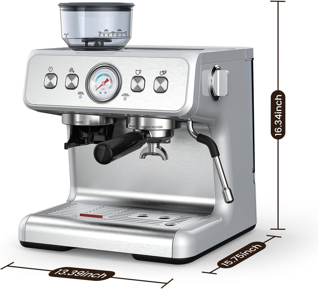 Electactic Espresso Machine with Built-in Grinder, Professional 20 Bar Cappuccino & Latte Machines with Milk Frother, 3-in-1 Stainless Steel Espresso Coffee Maker for Home, Office or Cafe