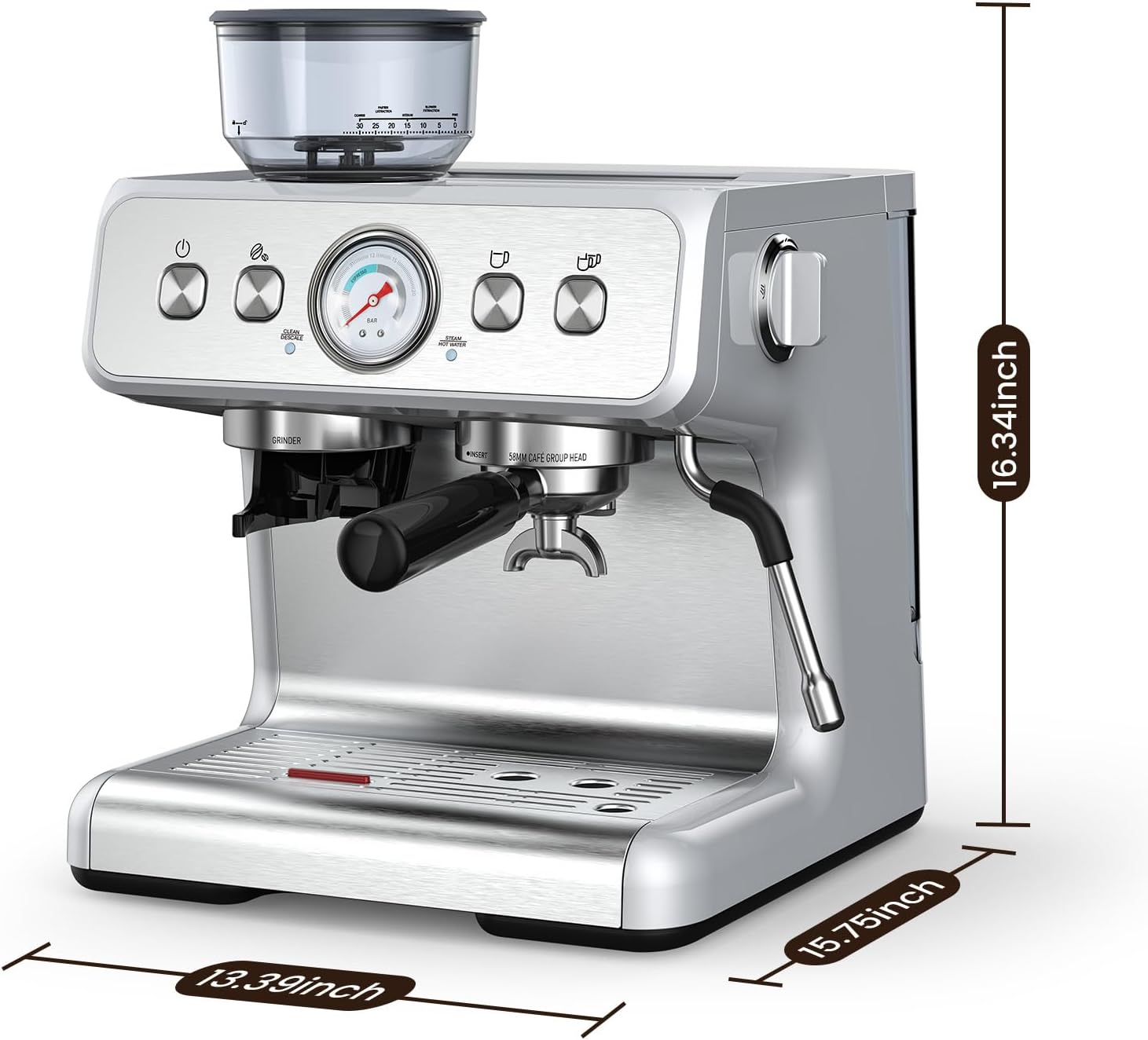 Electactic Espresso Machine with Built-in Grinder, Professional 20 Bar Cappuccino & Latte Machines with Milk Frother, 3-in-1 Stainless Steel Espresso Coffee Maker for Home, Office or Cafe