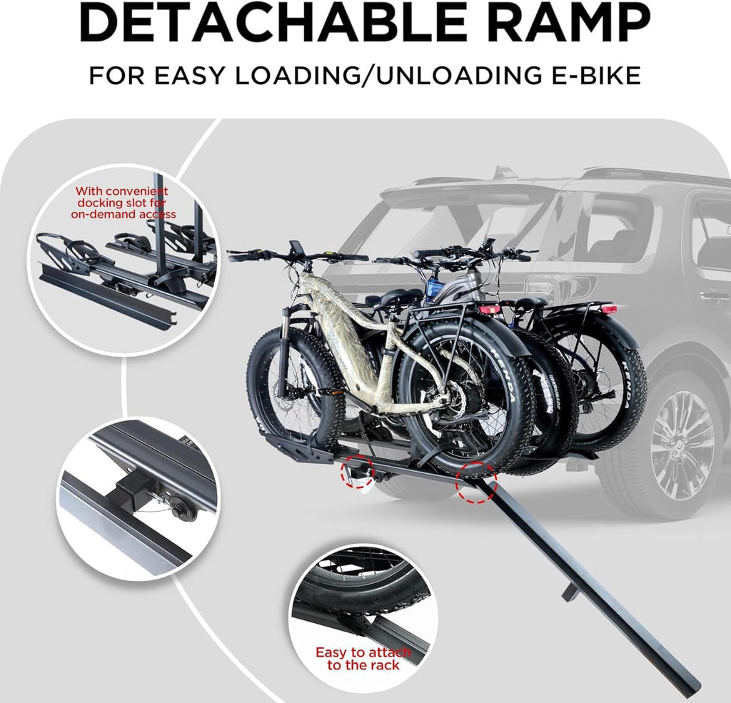 RokRack T One Foldable 3-Ebike Rack with Ramp, 250 lbs Capacity, Hitch Mount Electric Bike Rack, Fits up to 5' Fat Tire Width and 50' Wheelbase, Ebike Carrier Rack for 2' Receiver for Cars SUVs Vans