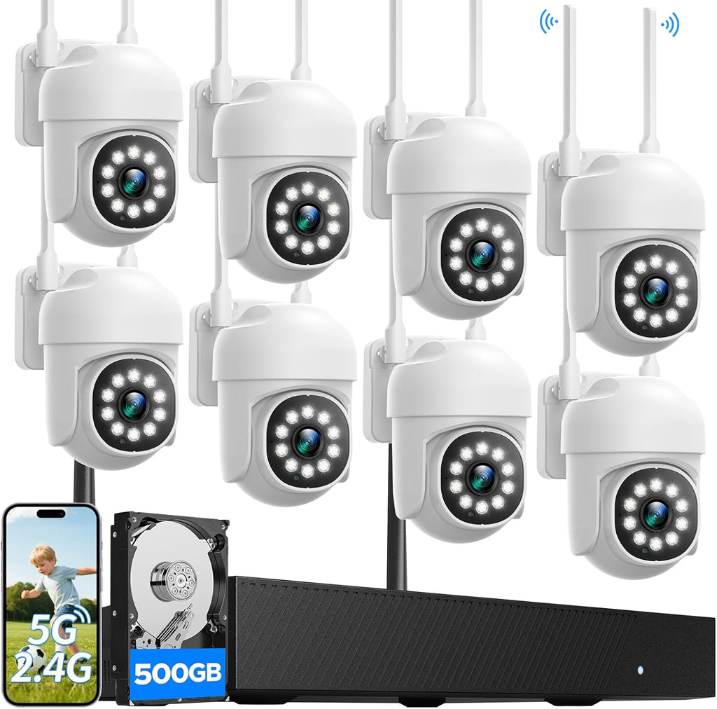 Wireless Security Camera System, CAMCAMP 24/7 Recording Security Cameras Wireless Outdoor 16CH NVR PTZ View 2.4G& 5G WiFi Auto Human Tracking Smart Color Night Vision for Home CCTV Surveillance Kit(8)